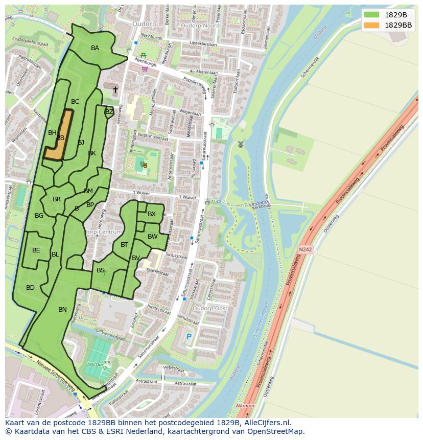 Afbeelding van het postcodegebied 1829 BB op de kaart.