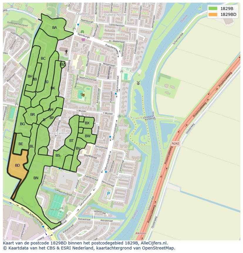 Afbeelding van het postcodegebied 1829 BD op de kaart.