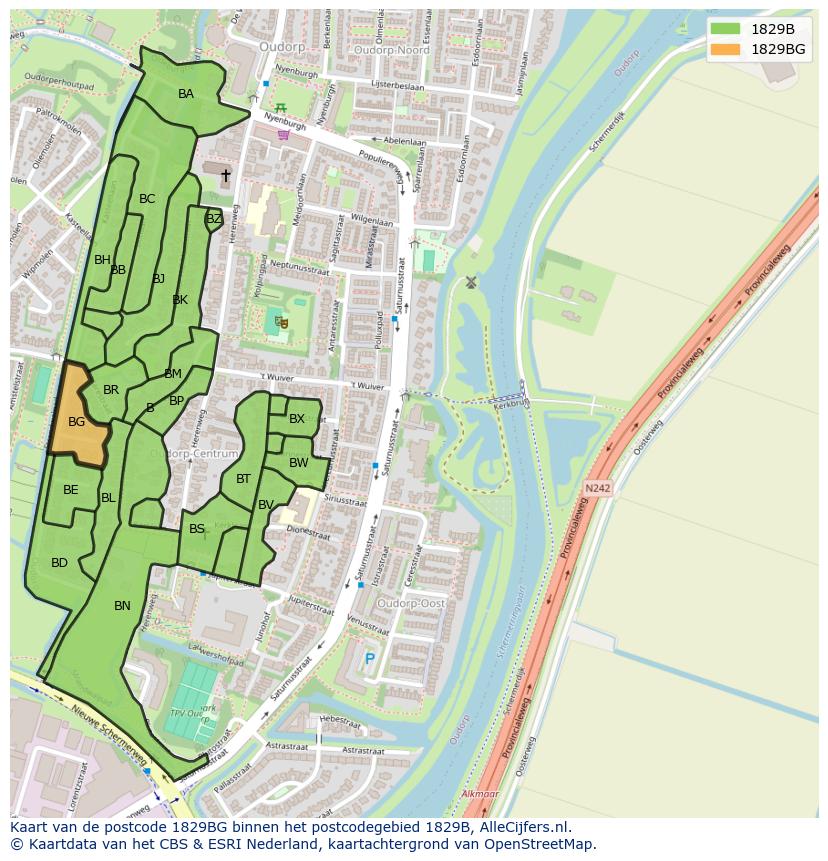 Afbeelding van het postcodegebied 1829 BG op de kaart.