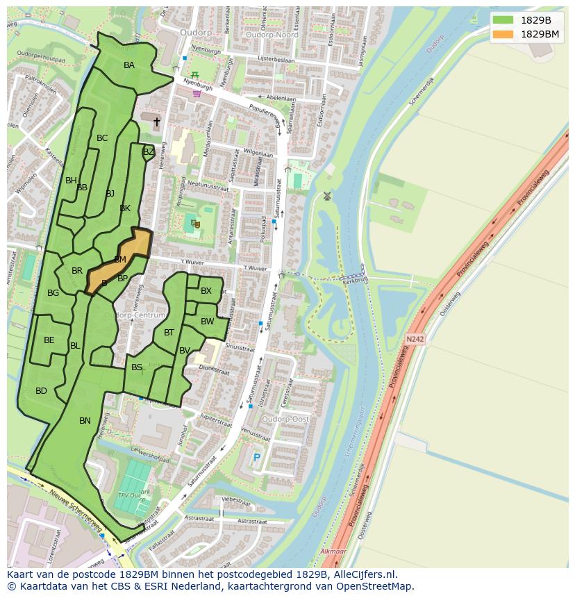 Afbeelding van het postcodegebied 1829 BM op de kaart.