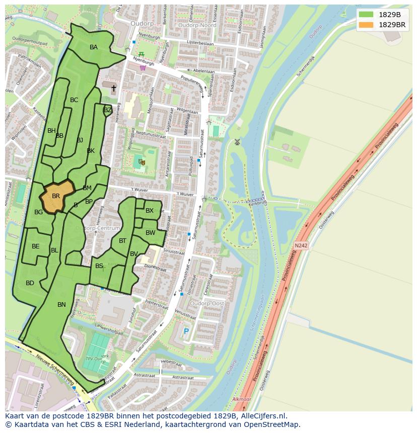 Afbeelding van het postcodegebied 1829 BR op de kaart.
