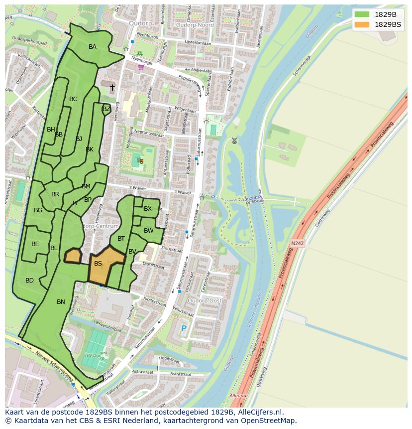 Afbeelding van het postcodegebied 1829 BS op de kaart.