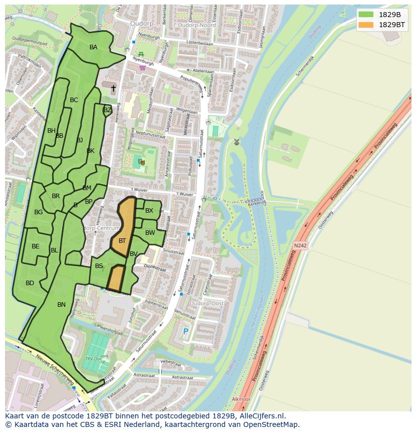 Afbeelding van het postcodegebied 1829 BT op de kaart.