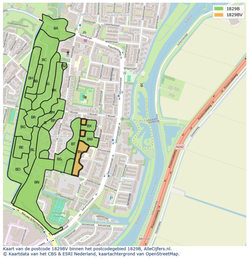 Afbeelding van het postcodegebied 1829 BV op de kaart.