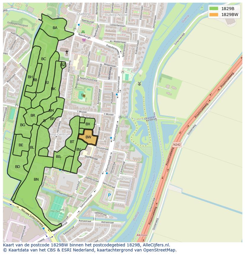 Afbeelding van het postcodegebied 1829 BW op de kaart.