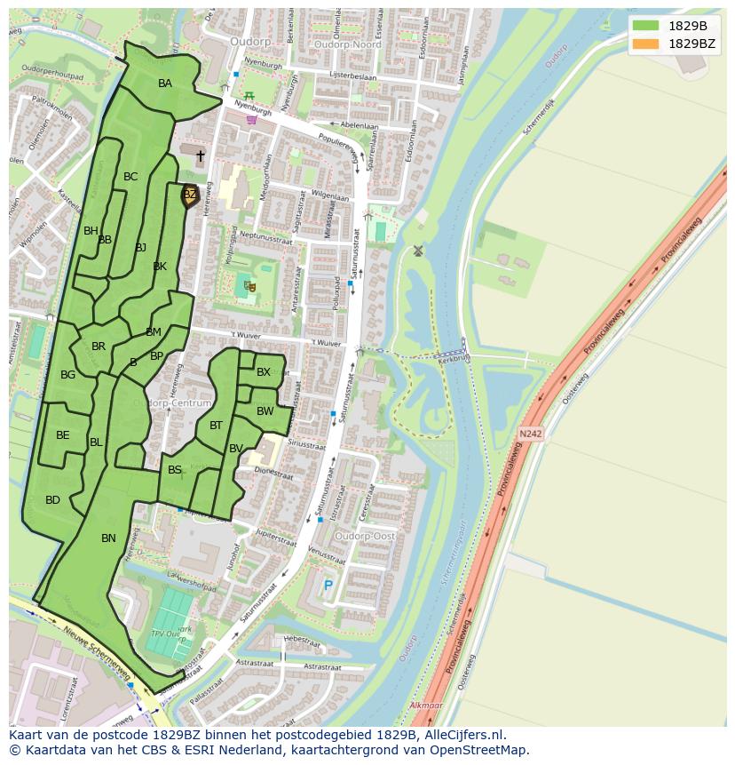 Afbeelding van het postcodegebied 1829 BZ op de kaart.