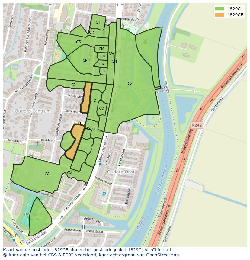 Afbeelding van het postcodegebied 1829 CE op de kaart.