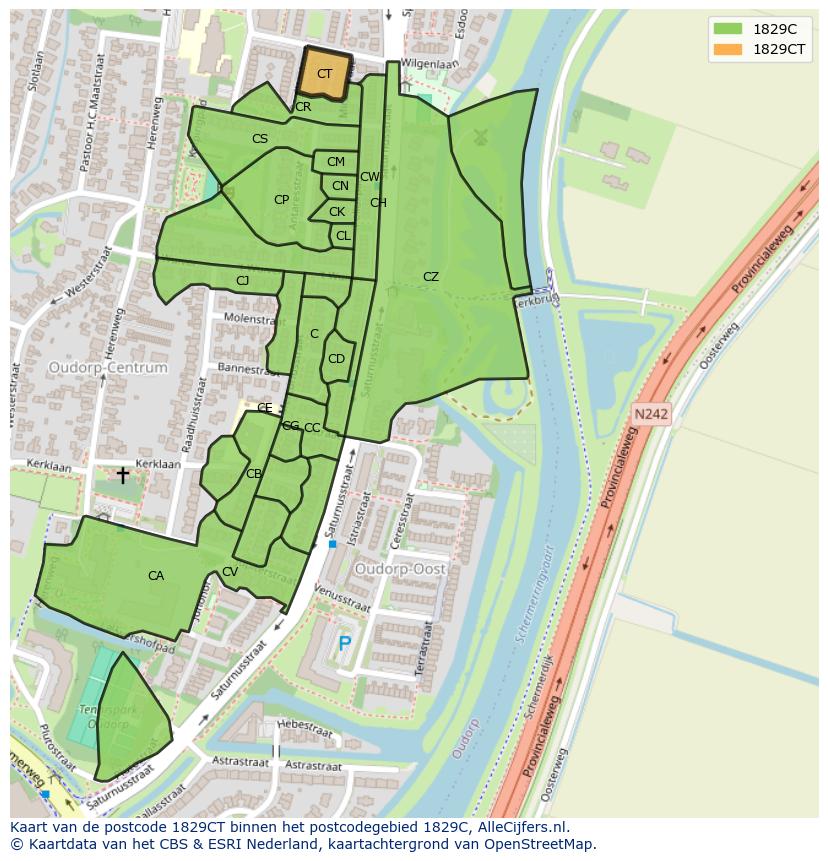 Afbeelding van het postcodegebied 1829 CT op de kaart.