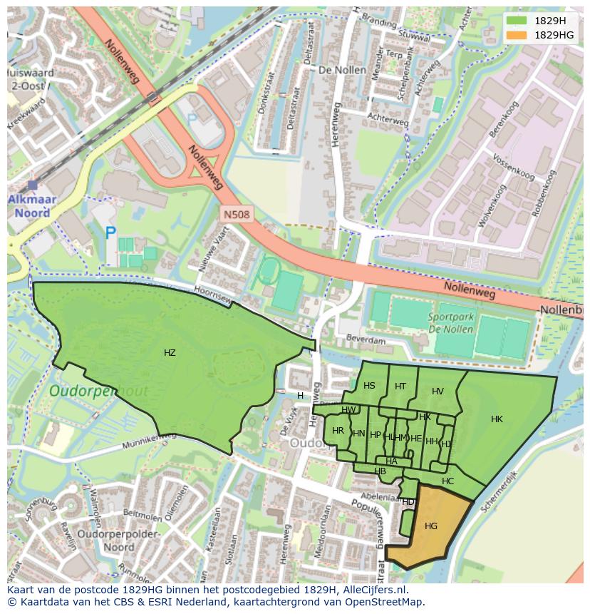 Afbeelding van het postcodegebied 1829 HG op de kaart.