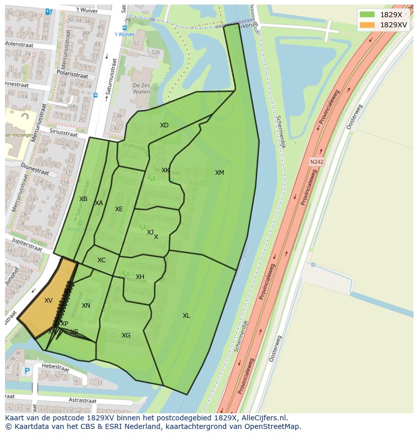 Afbeelding van het postcodegebied 1829 XV op de kaart.