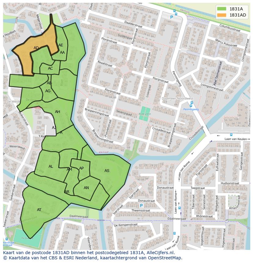 Afbeelding van het postcodegebied 1831 AD op de kaart.