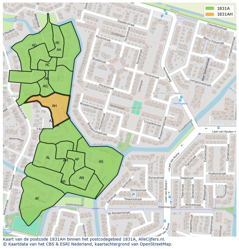 Afbeelding van het postcodegebied 1831 AH op de kaart.