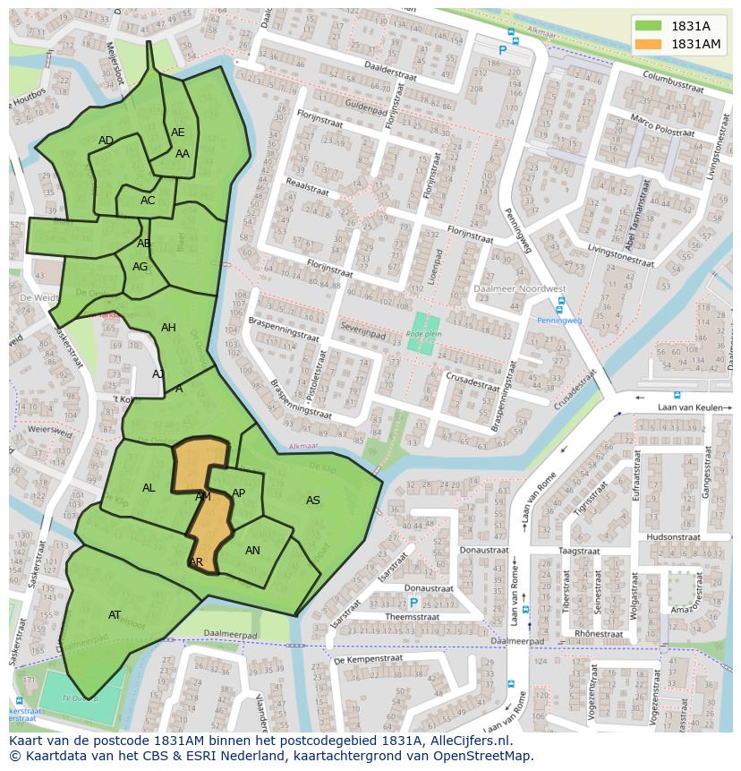 Afbeelding van het postcodegebied 1831 AM op de kaart.