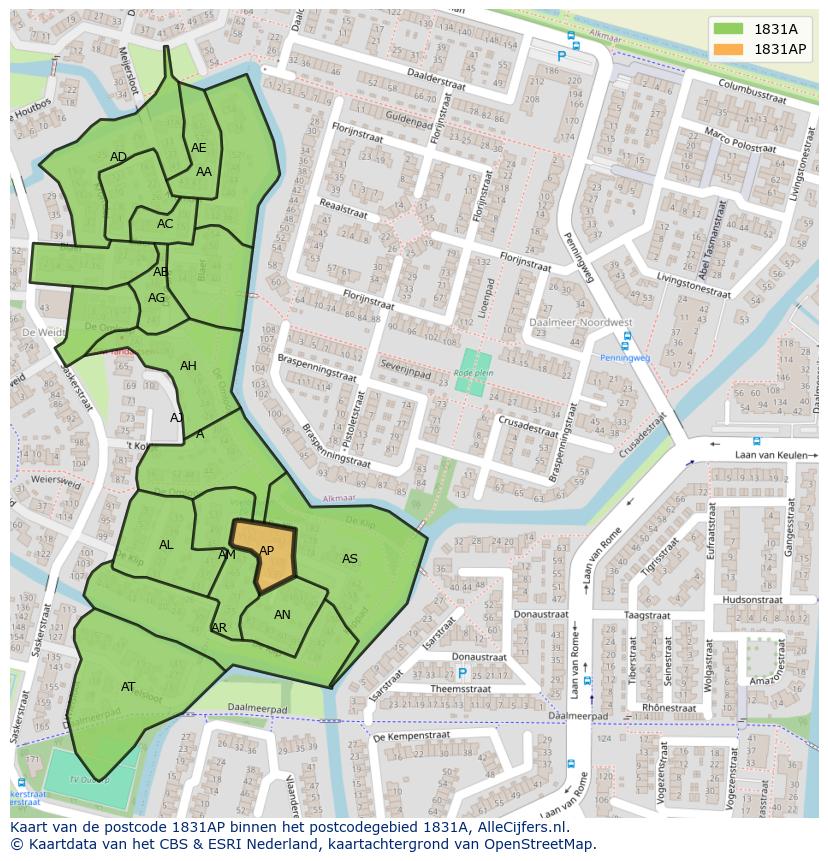 Afbeelding van het postcodegebied 1831 AP op de kaart.