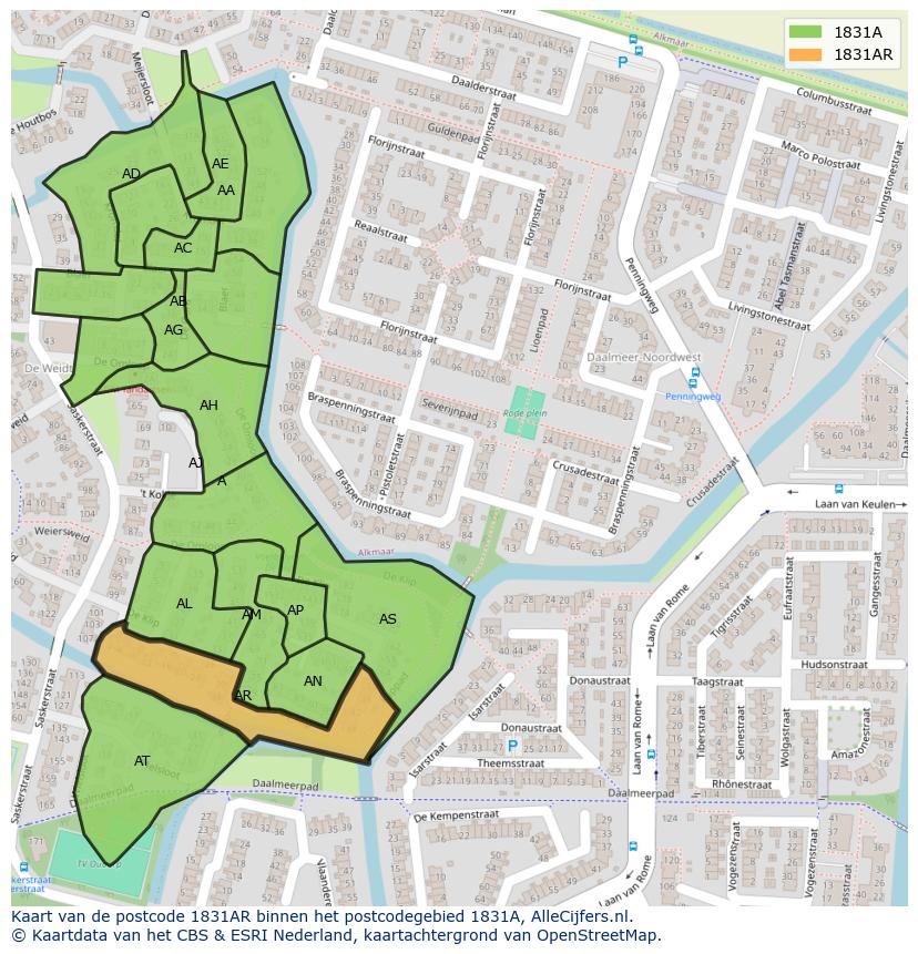 Afbeelding van het postcodegebied 1831 AR op de kaart.