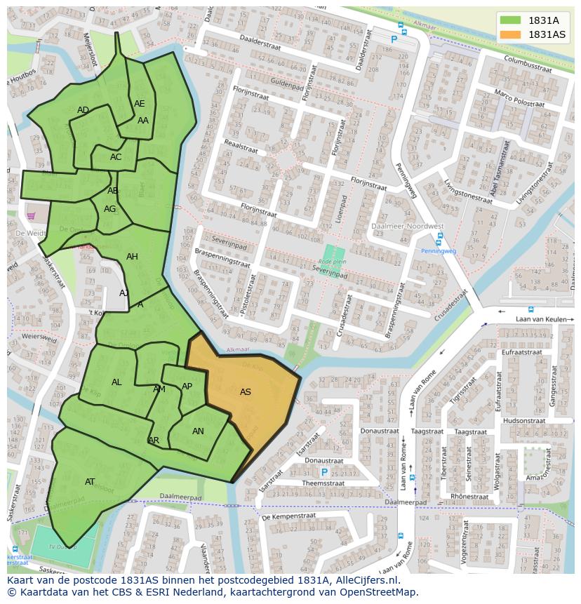 Afbeelding van het postcodegebied 1831 AS op de kaart.