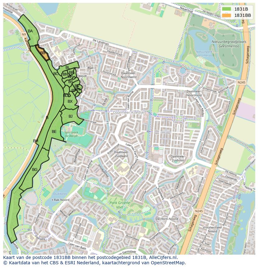 Afbeelding van het postcodegebied 1831 BB op de kaart.