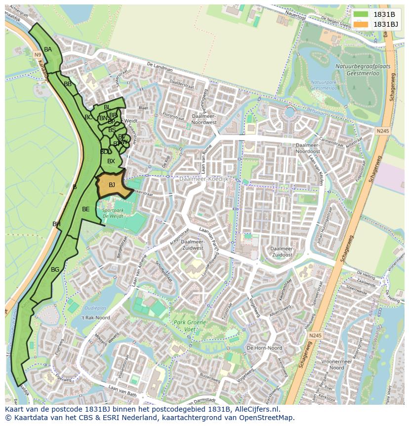 Afbeelding van het postcodegebied 1831 BJ op de kaart.