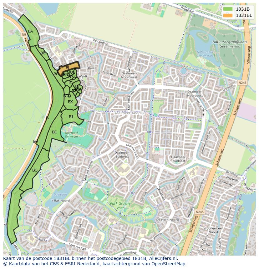 Afbeelding van het postcodegebied 1831 BL op de kaart.