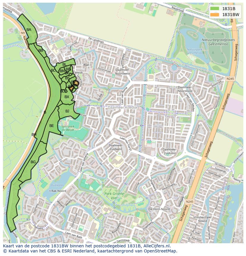 Afbeelding van het postcodegebied 1831 BW op de kaart.