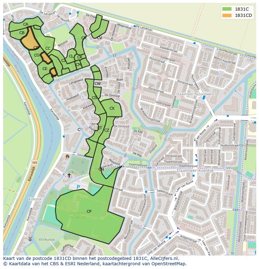 Afbeelding van het postcodegebied 1831 CD op de kaart.