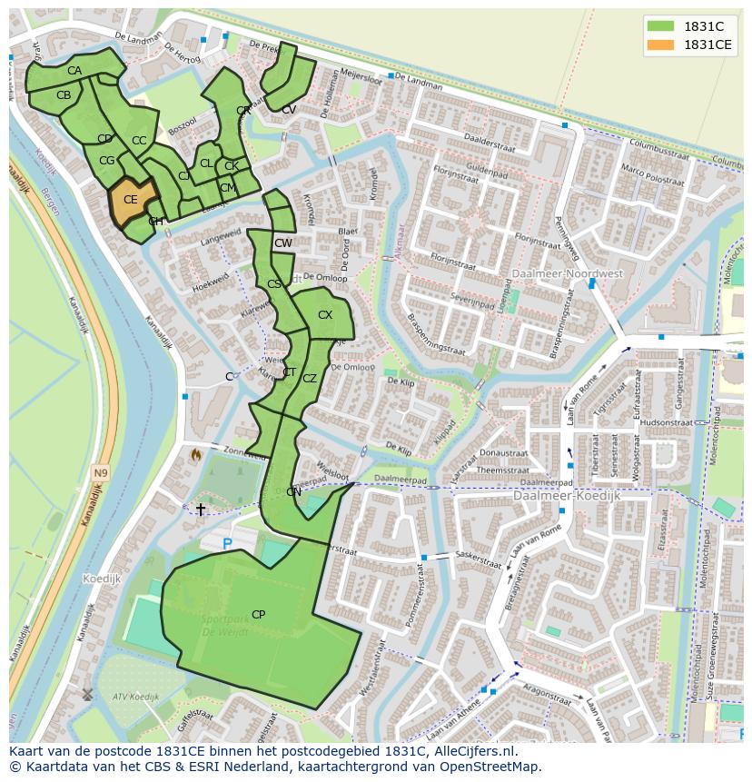 Afbeelding van het postcodegebied 1831 CE op de kaart.