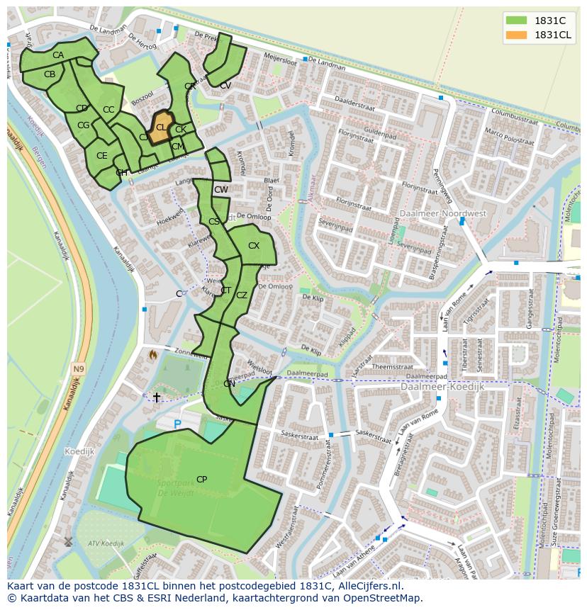 Afbeelding van het postcodegebied 1831 CL op de kaart.