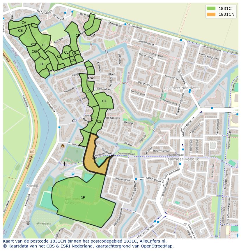 Afbeelding van het postcodegebied 1831 CN op de kaart.