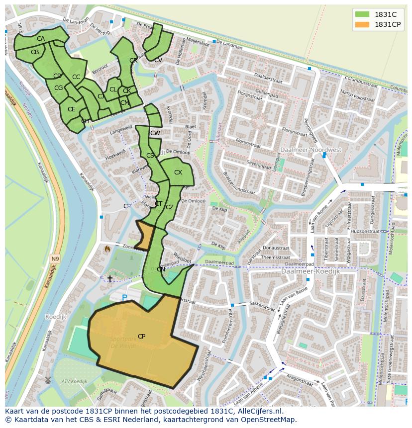Afbeelding van het postcodegebied 1831 CP op de kaart.