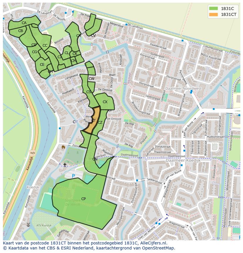 Afbeelding van het postcodegebied 1831 CT op de kaart.