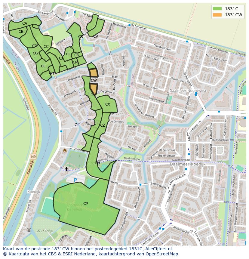 Afbeelding van het postcodegebied 1831 CW op de kaart.