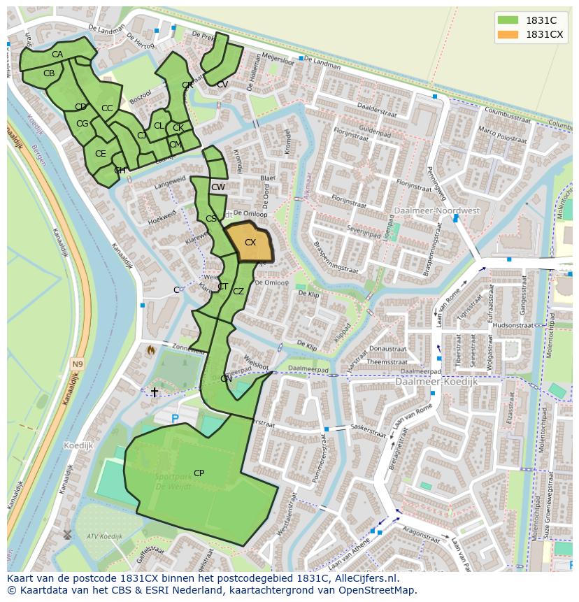 Afbeelding van het postcodegebied 1831 CX op de kaart.
