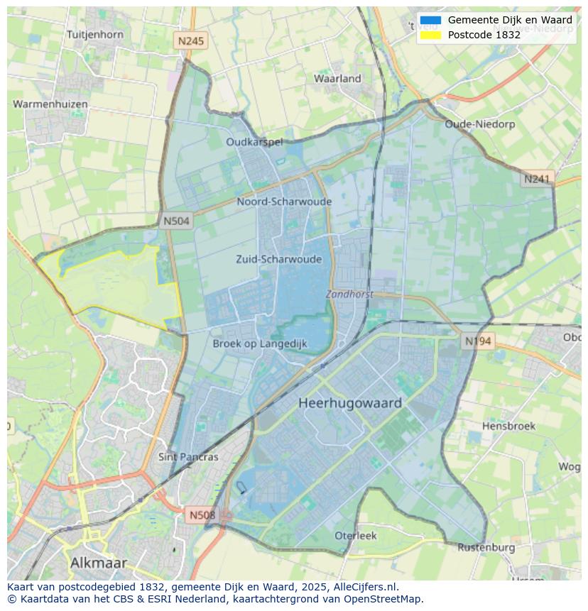 Afbeelding van het postcodegebied 1832 op de kaart.