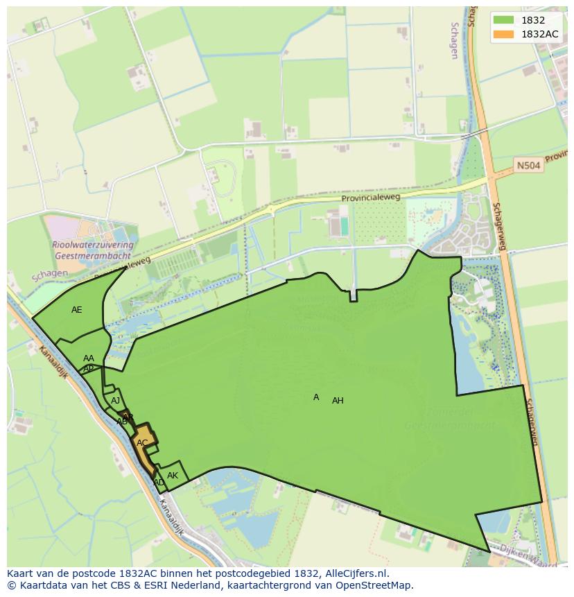 Afbeelding van het postcodegebied 1832 AC op de kaart.