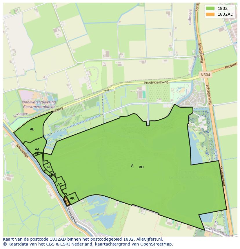 Afbeelding van het postcodegebied 1832 AD op de kaart.