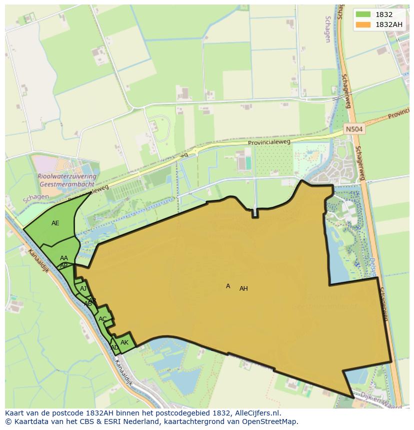 Afbeelding van het postcodegebied 1832 AH op de kaart.