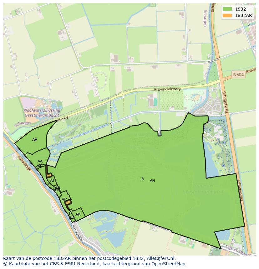 Afbeelding van het postcodegebied 1832 AR op de kaart.
