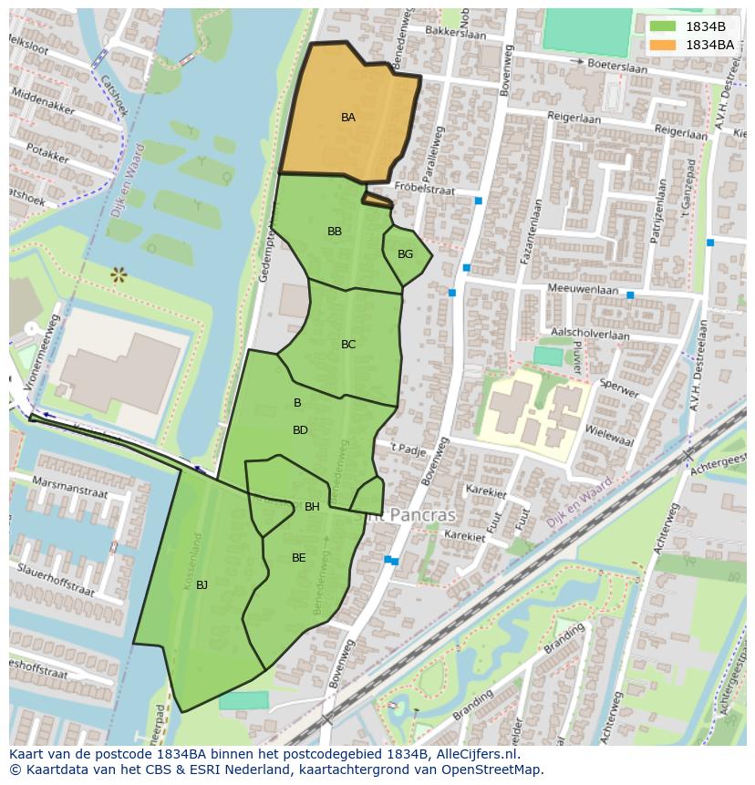 Afbeelding van het postcodegebied 1834 BA op de kaart.