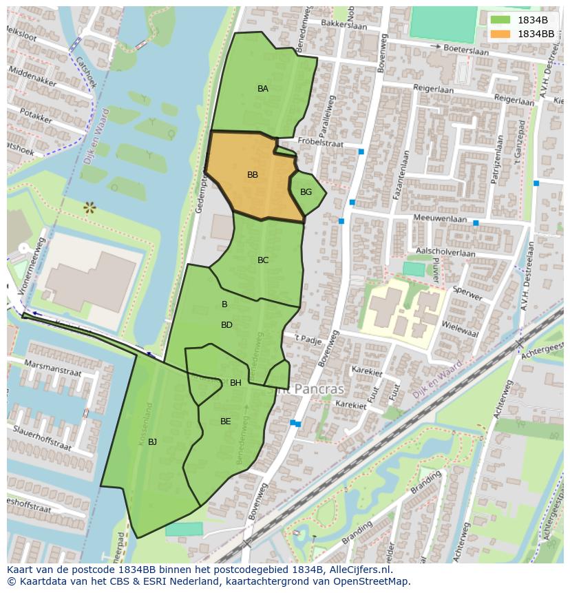 Afbeelding van het postcodegebied 1834 BB op de kaart.