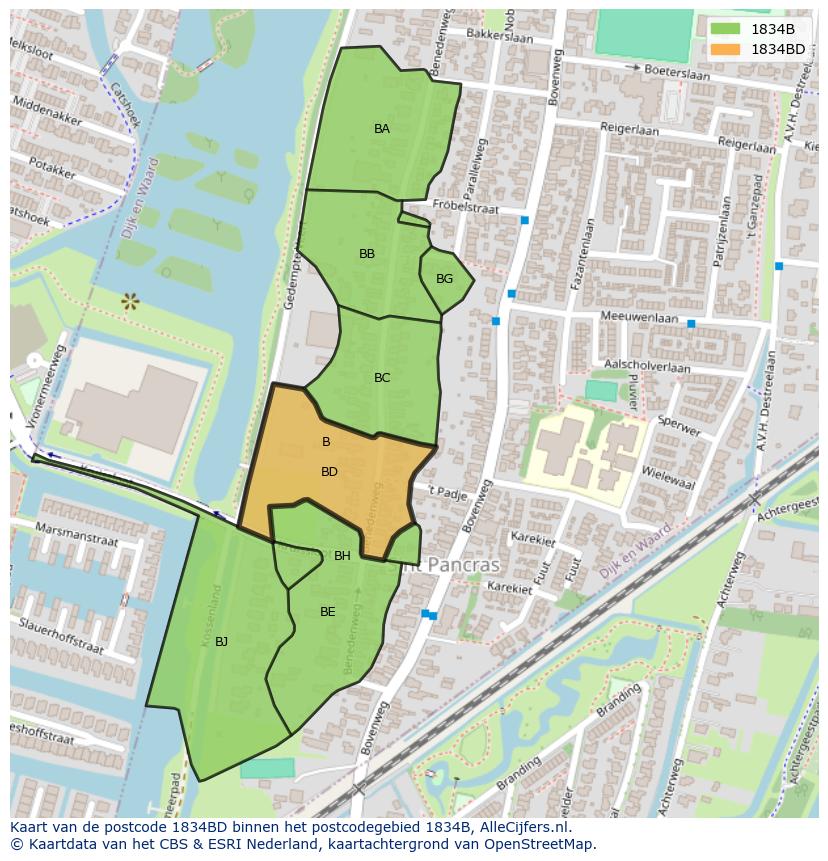 Afbeelding van het postcodegebied 1834 BD op de kaart.