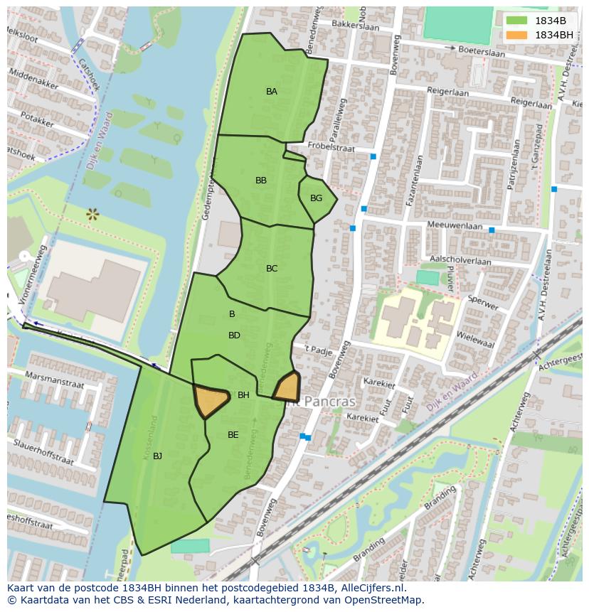 Afbeelding van het postcodegebied 1834 BH op de kaart.