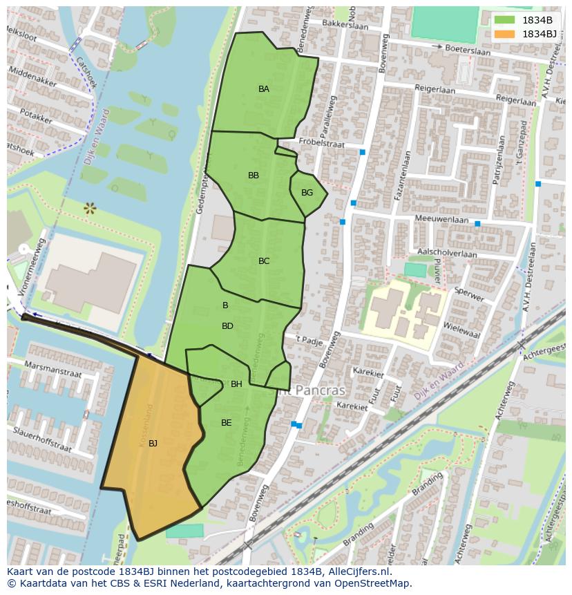 Afbeelding van het postcodegebied 1834 BJ op de kaart.