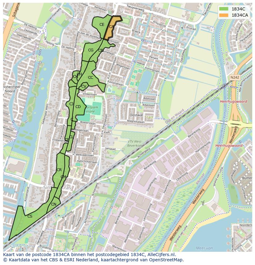 Afbeelding van het postcodegebied 1834 CA op de kaart.