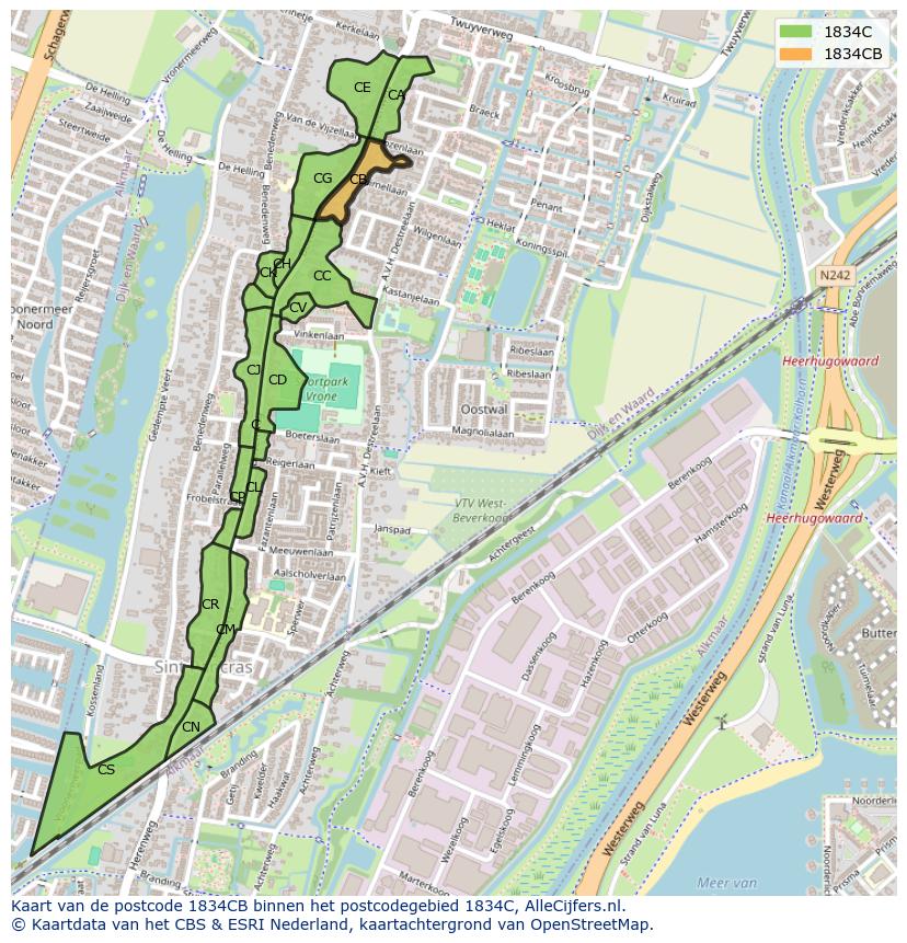 Afbeelding van het postcodegebied 1834 CB op de kaart.