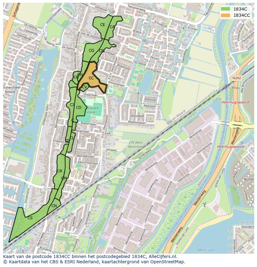 Afbeelding van het postcodegebied 1834 CC op de kaart.