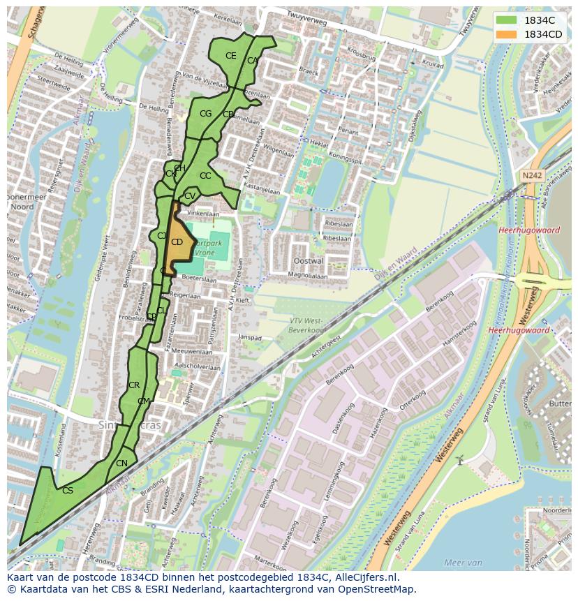 Afbeelding van het postcodegebied 1834 CD op de kaart.