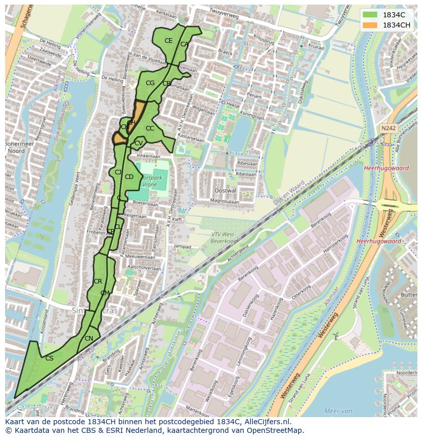 Afbeelding van het postcodegebied 1834 CH op de kaart.