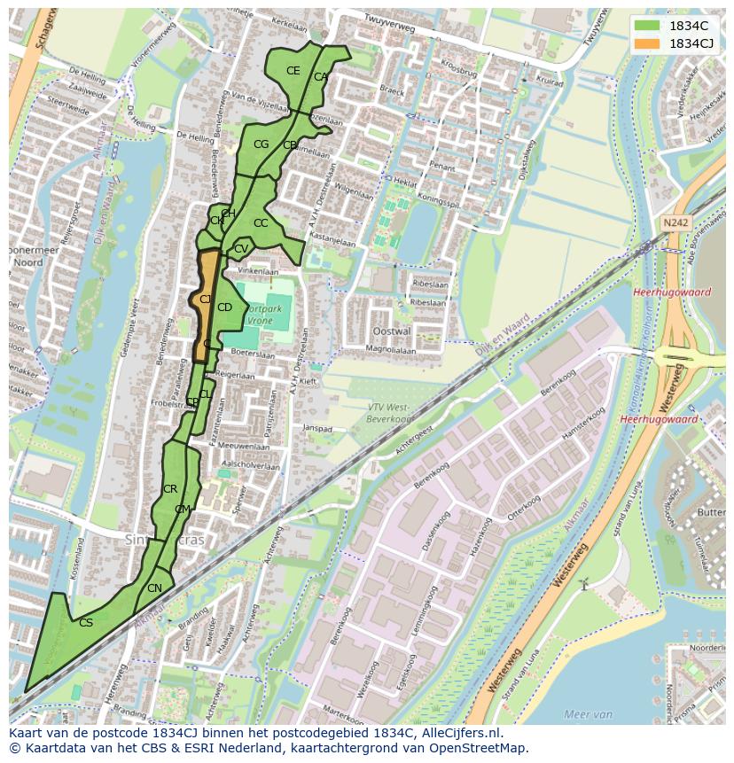 Afbeelding van het postcodegebied 1834 CJ op de kaart.