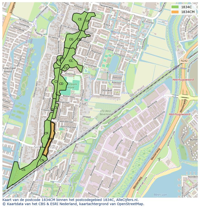 Afbeelding van het postcodegebied 1834 CM op de kaart.