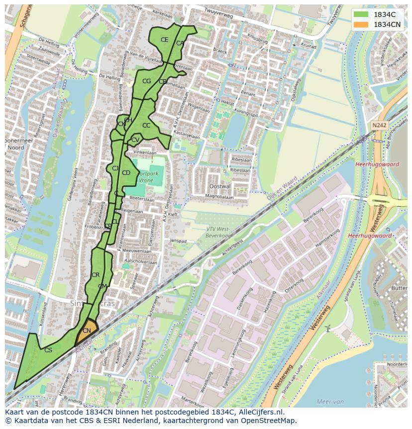 Afbeelding van het postcodegebied 1834 CN op de kaart.